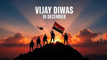 Indian soldiers celebrate Vijay Diwas with national flag at sunset.