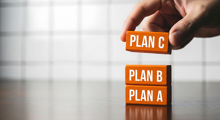 Hand placing orange block with text plan c on stack plan b plan a image