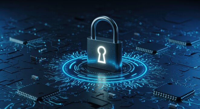 Digital padlock on a circuit board with glowing blue ring security technology - Powered by Adobe