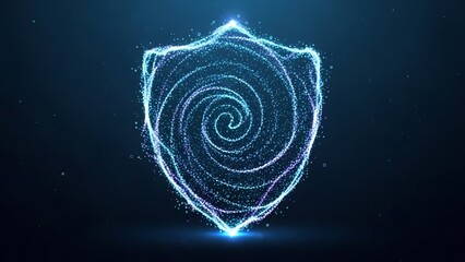Abstract glowing shield of swirling particles on a dark blue background, representing protection and security in a digital or technological context