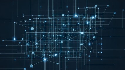 Obraz premium Abstract digital network grid with glowing nodes and connecting lines, representing data flow and technological connections