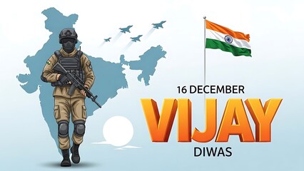 Vijay Diwas - Indian Soldier with Flag and Map Commemorating Victory Day.