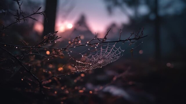 A close-up view of a wet spiderweb in a forest at dusk, with sun peaking through the trees