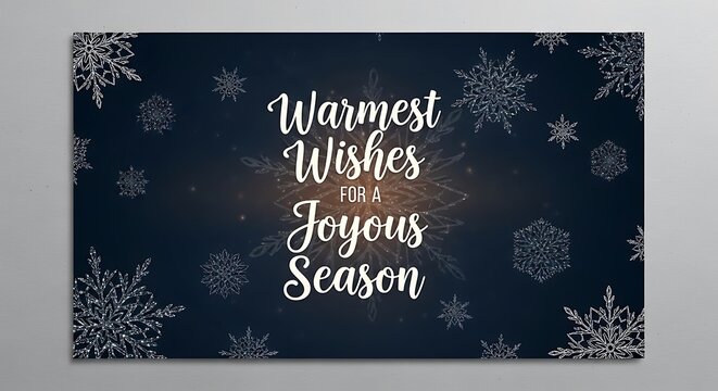 A festive design featuring numerous intricate snowflakes in shades of silver, set against a dark navy background, with the words "Warmest Wishes for a Joyous Season" elegantly displayed.