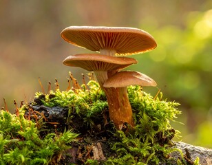 Close-up of mushrooms growing on mossy log, blurry natural background