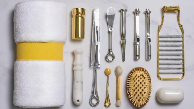 Classic grooming tools and bath accessories are organized in a visually appealing flat lay on a white marble background. The image evokes a sense of timeless self care and vintage bathroom aesthetics