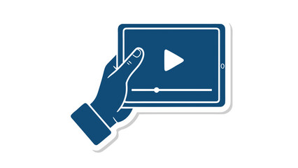 Hand Holding A Blue Tablet Device Displaying A White Play Button And Progress Bar On Black Background