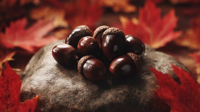 A cluster of shiny acorns resting on a stone amidst blurred red fall foliage
