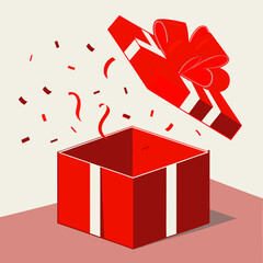 Red gift box with a shiny 3d bow and lid flying open