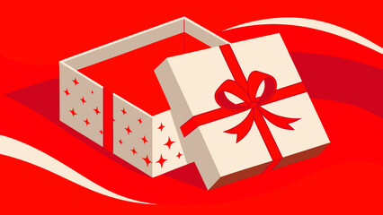 Open square gift box with a metallic red ribbon and bow