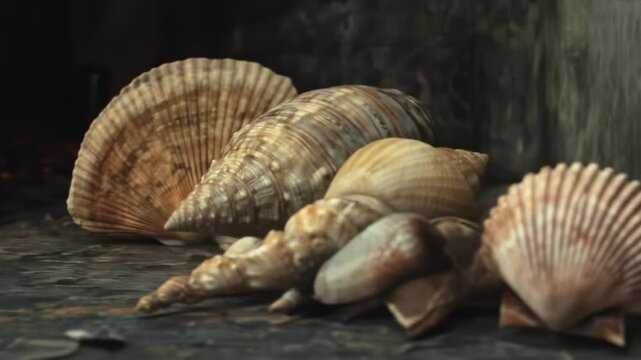 Three brown seashells, in various sizes and shapes, with different textures, sit on a rough surface