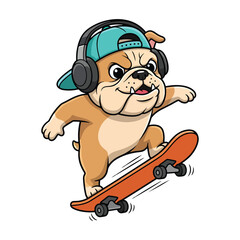 Naklejka premium Cool bulldog puppy riding skateboard wearing headphones and a cap vector illustration.