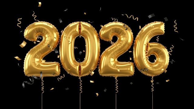 Gold foil balloon numbers forming "2026" floating on black background with falling golden confetti and curly ribbons for New Year celebration - Powered by Adobe