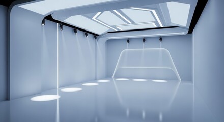 Obraz premium A futuristic, minimalist white and blue virtual studio with geometric lighting and reflective surfaces.