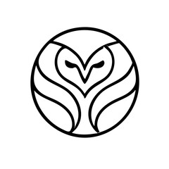 Circular monoline owl emblem, intertwined lines forming stylized face and wings
