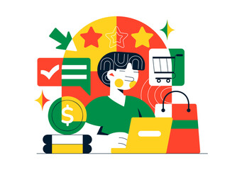 Online Freelancer Marketplace Illustration Featuring A Digital Platform For Search, Offers, Professional Services, and Product Order Tracking System