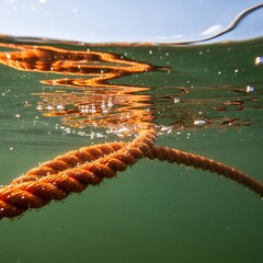 Close-up view of an orange rope submerged in a body of water, with sunlight reflecting on the surface and bubbles rising.