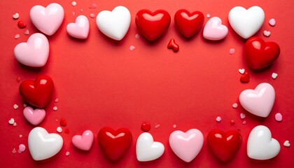 Romantic concept for Valentine's Day, red, white and pink hearts forming a frame on the red background. Top view with ample space for text.