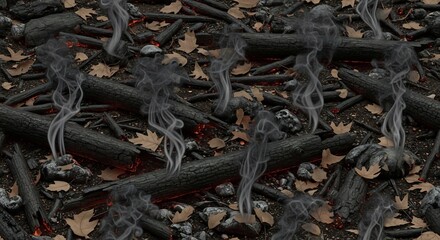 Seamless Pattern of Charred Logs and Autumn Leaves on Forest Floor.