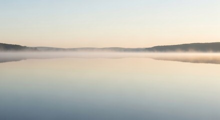 Serene Lake at Dawn - A Misty Reflection of Natures Beauty.