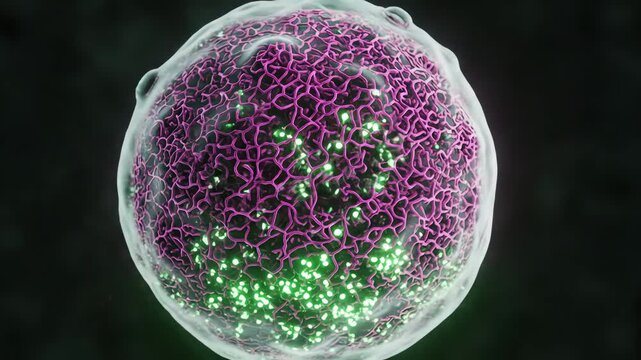 The cytoskeleton reorganizing during apoptosis, filaments gently disassembling in slow, shimmering waves. The cell&rsquo;s shape becomes rounder and more compact