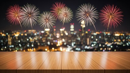 Vibrant fireworks explode over a blurry cityscape at night with a wooden table in the foreground