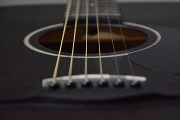 A close-up image of guitar strings against a black background