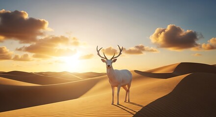 Majestic white cervid stands amidst rolling sand dunes during a warm sunset