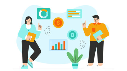 Business people analyzing cryptocurrency trends Flat Vector Illustration