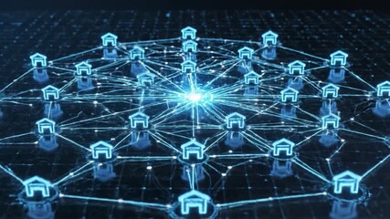 Digital network connection with glowing blue house icons linked by lines, symbolizing smart home technology and futuristic digital connection in glowing blue network of smart homes - Powered by Adobe