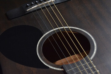 A close-up image of guitar strings against a black background