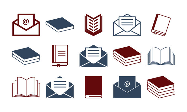 Email Envelope and Book Icon Set &ndash; Open Mail Messages and Reading Symbols in Red and Blue Outline Style
