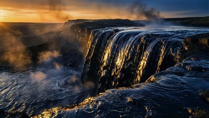 Waterfall Flow at Sunset, Rocky River Landscape