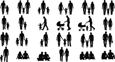 Family silhouettes walking, holding hands, and sitting, depicting loving father, mother, and child figures, symbolizing parenting, childhood, bonding, togetherness, and care,