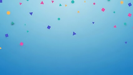 Colorful geometric confetti shapes falling against a vibrant blue background