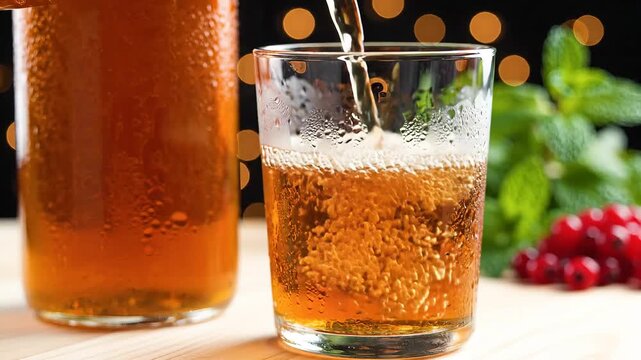 Refreshing homemade kvass being poured into a glass a traditional fermented beverage.
