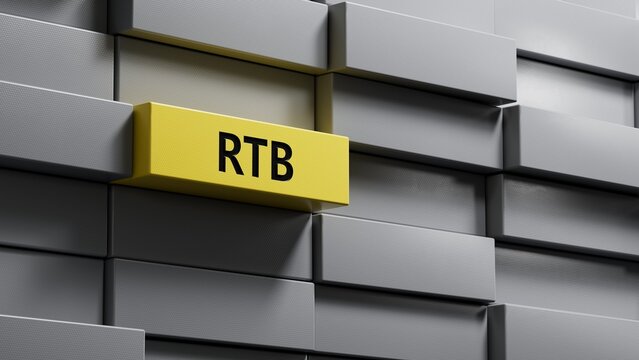 rtb, real, time, bidding. wooden table with metal blocks. text on wood blocks.close up of metal blocks,Business Concept.3D rendering. 