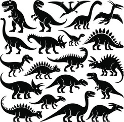 Dinosaur silhouette collection featuring T-rex, stegosaurus, triceratops, sauropods, and pterosaurs in bold black shapes for education, crafts, decorations, logos, and themed artwork © Hasem Creative
