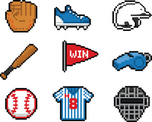 Pixel art baseball equipment icons featuring glove, bat, ball, helmet, cleats, jersey, catcher mask, flag, and training items for games and illustrations