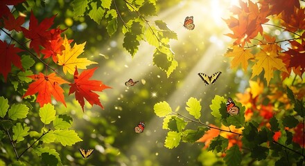Vibrant autumn leaves and butterflies fill the sunlit forest canopy, showcasing a scene of natural beauty and serenity.