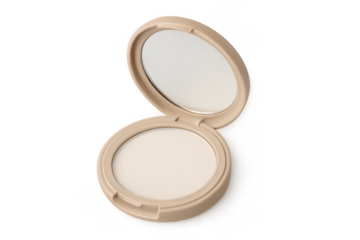 Open beige compact powder with mirror on transparent background