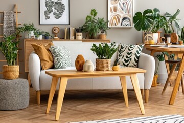 stylish Scandinavian living room with wooden coffee table sofa retro console and beige armchair decorated with plant pots for home interior design