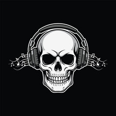 Obraz premium Skull wearing headphones listening to music monochrome tattoo style vector illustration
