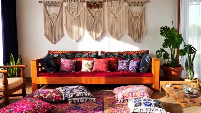 Bohemian Living Room Interior with Macrame Wall Hangings and Colorful Pillows.