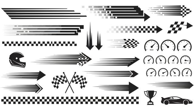 High speed motion arrow and racing elements set with dynamic lines, checkered flags, speed trails, and directional graphics for motorsport and action design
