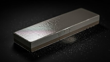 Rectangular Sharpening Stone with Layered Texture on Dark Surface with Water Droplets