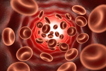 Microscopic view of red blood cells flowing through a blood vessel