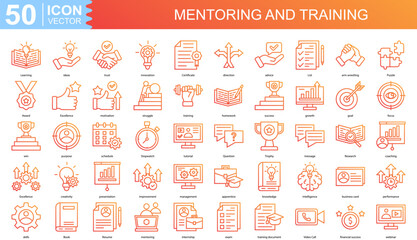 Mentoring and Training icon collection set. Containing Learning, ideas, trust, innovation, Certificate, direction icon