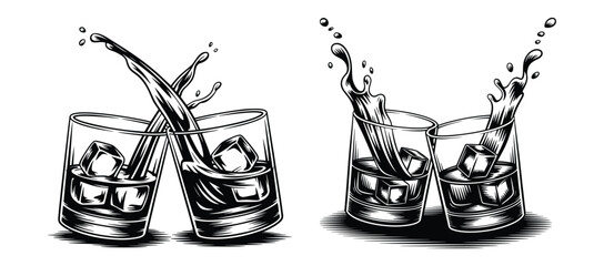 Two glasses of whiskey cheers glass, Dynamic splash of liquid from two glasses filled with ice and water, Two glasses with ice cubes, as liquid splashes, Vector illustration