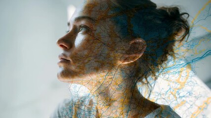 This creative double exposure blends serene female profile with intricate map lines, evoking themes self discovery, adventure. Composition highlights modern wanderlust, inner reflection